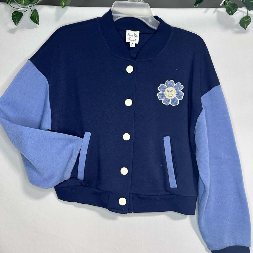 Hippie Rose Blue Colorblock Varsity Bomber Jacket with Smiley Flower Patch